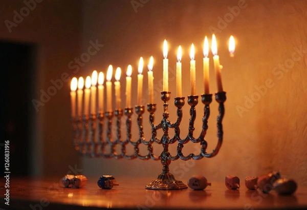 Fototapeta A low-angle shot of a menorah on a wooden mantle, candles flickering, with small dreidels scattered across the surface beneath it.