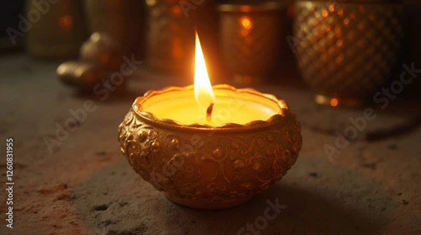 Fototapeta A lit candle sitting on top of a table next to other candles and jars on the table and a candle holder