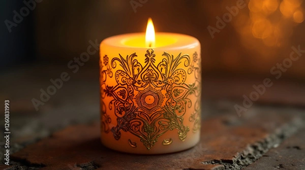 Fototapeta A lit candle sitting on top of a wooden table next to a window sill with a curtain in the background