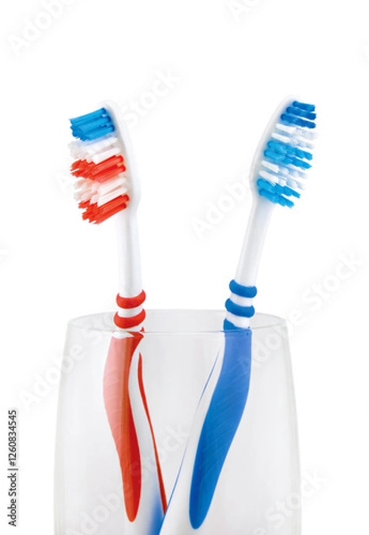Fototapeta Colorful red and blue toothbrushes in white transparent glass, large detailed vertical isolated macro closeup, blank empty copy space background