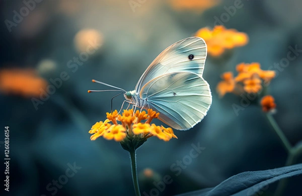 Obraz Close-Up of a Beautiful Butterfly Resting on Vibrant Yellow Flowers

