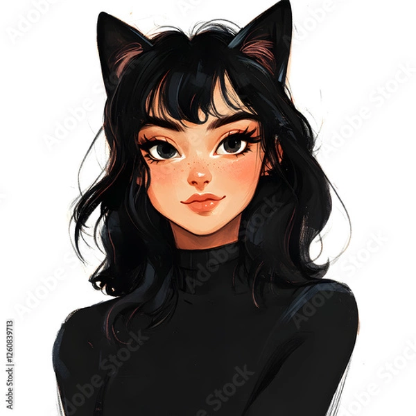 Obraz Stylish Illustration of a Girl with Cat Ears in Black Outfit

