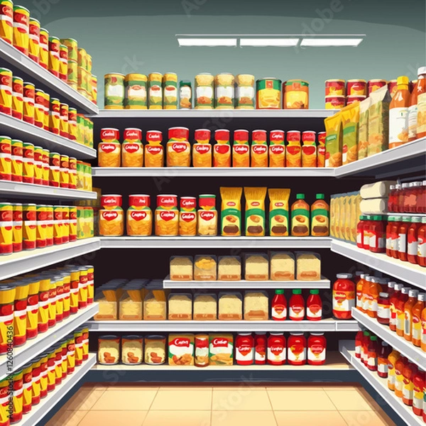 Obraz A well-stocked grocery store aisle with a variety of canned goods and packaged foods.