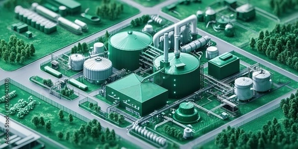 Fototapeta Industrial facility with green energy production and advanced machinery located in a lush environment during daytime