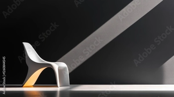 Obraz A sleek, high-contrast studio photograph of a minimalist plastic chair, with crisp edge definition and an interplay of cool and warm lighting.
