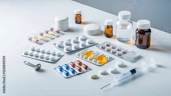 Obraz Various pharmaceutical items are arranged on a white surface.