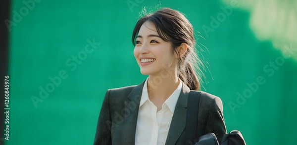 Obraz Smiling Businesswoman in Formal Attire Holding a Bag Outdoors

