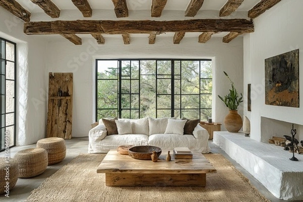 Fototapeta Bright and airy living room with rustic touch modern home interior design cozy environment wide angle view tranquility concept