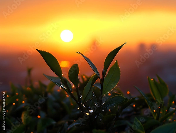Obraz Sunset with Dew-Covered Green Leaves in Sharp Focus

