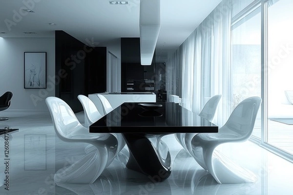 Fototapeta Sleek black dining space with high fidelity design modern home interior photography minimalist environment elegant viewpoint
