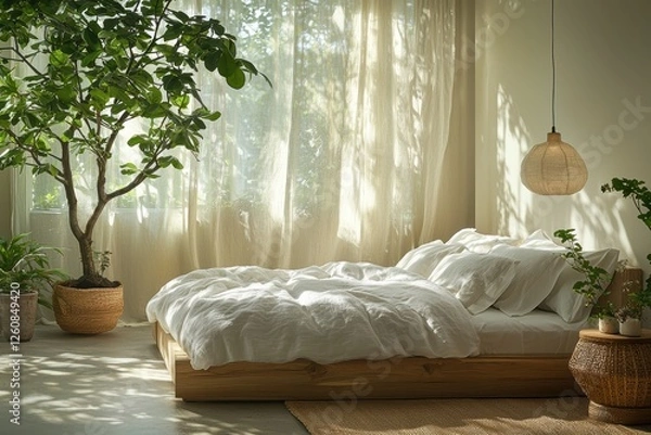 Fototapeta Cozy clutter-free bedroom with soft linen drapes minimalist home interior design tranquil atmosphere natural light