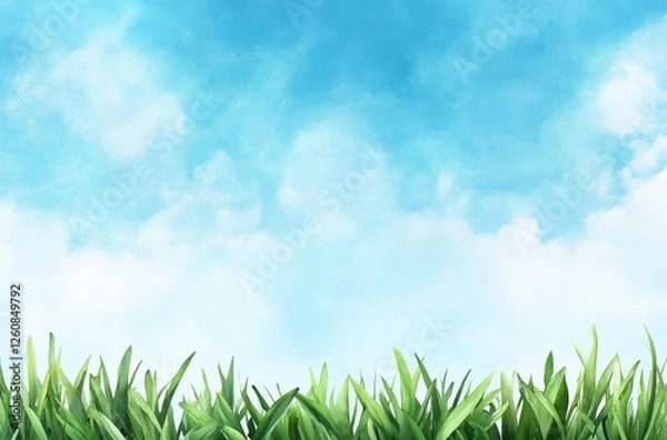 Fototapeta Blue Sky with White Clouds and Green Grass in Watercolor Style – High Resolution