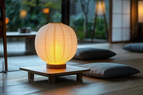 Fototapeta Japanese-inspired dining room with lanterns tranquil setting interior design cozy atmosphere serene view minimalist concept