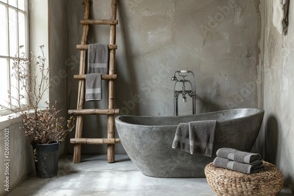 Fototapeta Elegant muted bathroom design featuring smooth concrete walls contemporary aesthetics cozy environment minimalist viewpoint