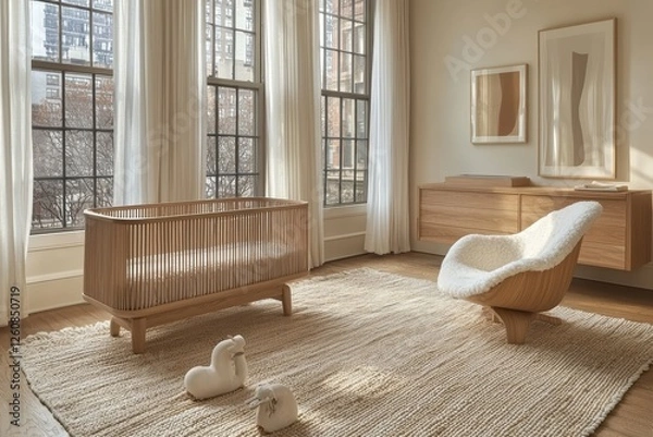 Fototapeta Serene neutral-toned nursery design modern home interior decor calm environment wide angle minimalist concept