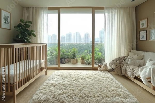 Fototapeta Calm nursery design for infants urban apartment interior decor cozy environment serene view soft aesthetic