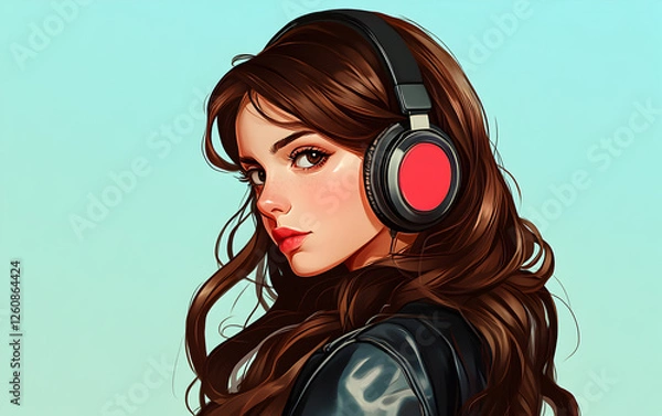 Obraz Vibrant Digital Illustration of a Girl with Headphones in a Casual Pose

