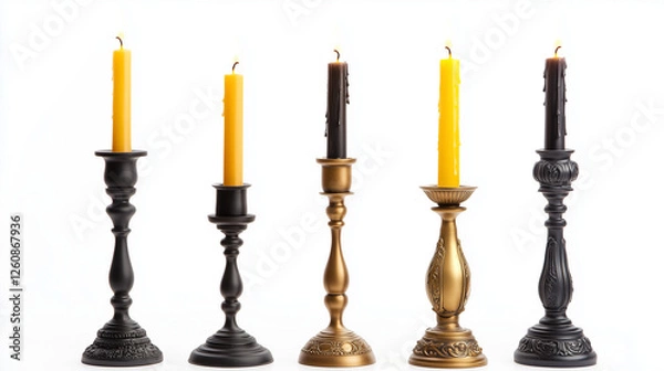 Obraz set of 4 candles with metal bases isolated on white background