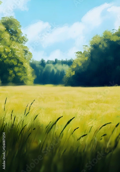 Obraz Digital Painting of a Sunny Meadow with Lush Green Trees and Blue Sky

