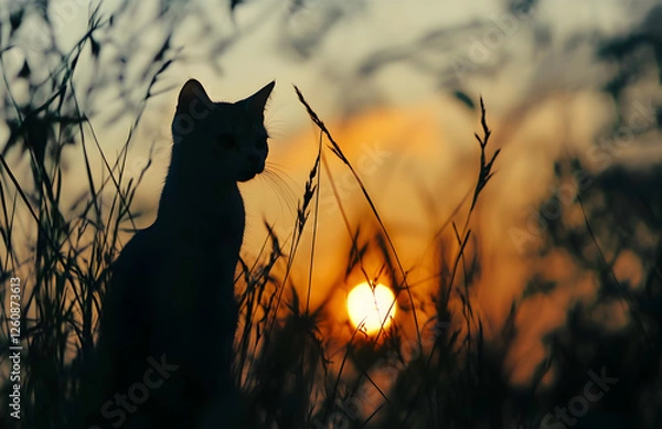 Obraz Silhouette of a Cat Sitting in Tall Grass During a Glowing Sunset

