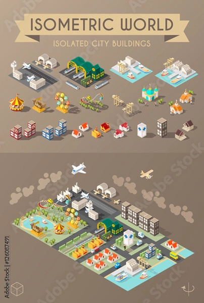 Fototapeta Isometric World. Set of Isolated Minimal City Elements. Town with Shadows on Dark Background.