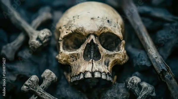 Fototapeta Skull surrounded by bones in dark background. Still life. Stock photo