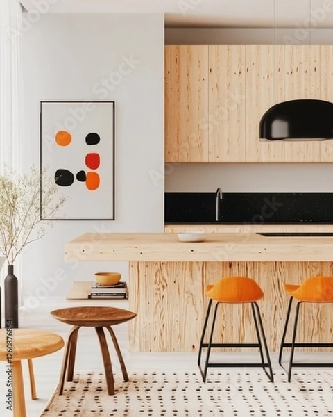 Fototapeta Modern Kitchen Interior With Unique Bar Stools, Inviting Design Elements, Stylish Abstract Artwork, Bright Natural