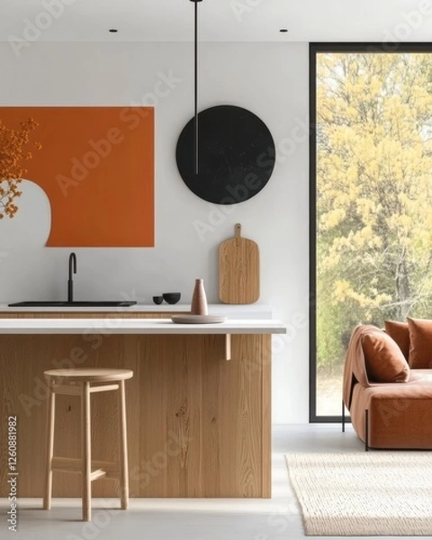 Fototapeta Modern Kitchen With Wooden Elements, Bright Sunlight Streaming Through Large Windows, Minimalist Design And Cozy Atmosphere