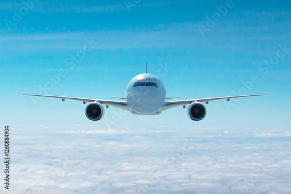 Obraz Front view of the white wide body passenger aircraft flying in the air above the clouds