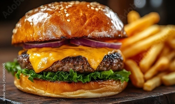 Fototapeta A Delicious Hamburger with Melted Cheese and Red Onion Served with Golden French Fries