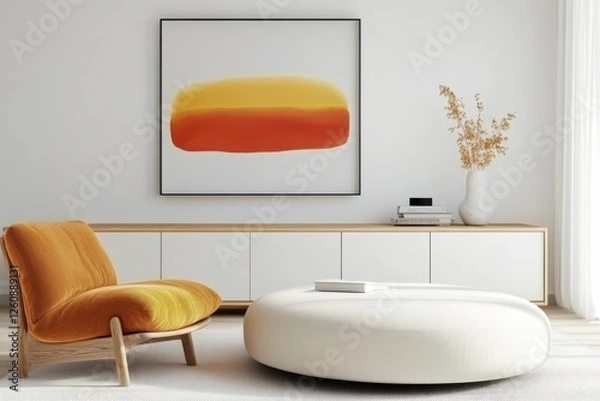 Fototapeta Modern Living Room, Featuring Cozy Sofa and Round Table, With Abstract Art and Decorative Elements, Bright and Inviting