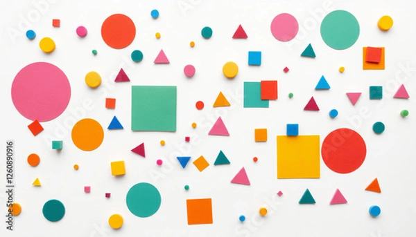 Obraz A lively abstract geometric pattern with colorful circles, squares, and triangles, ideal for modern design backgrounds.