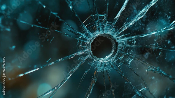 Fototapeta Close up of shattered glass with bullet hole, showcasing intricate cracks and reflections. image evokes sense of impact and fragility