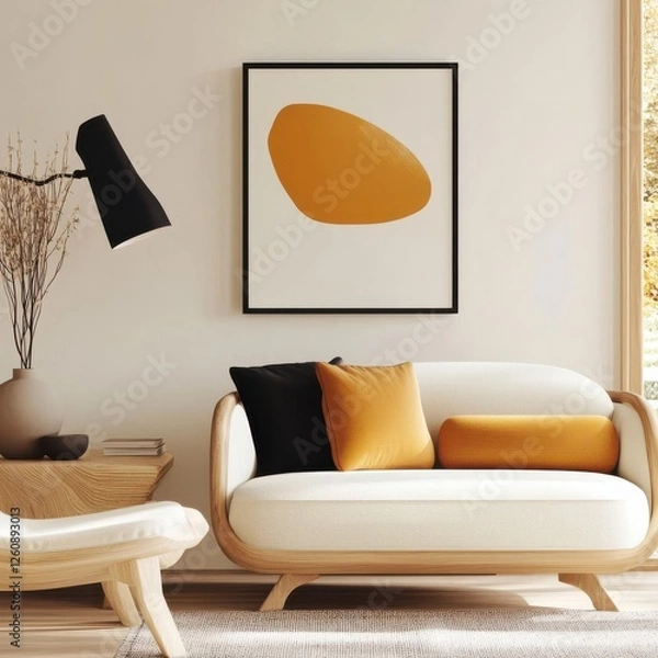 Fototapeta Modern Living Room, Featuring Cozy Sofa Arrangement, Abstract Wall Art, Minimalist Aesthetic, Warm and Inviting Atmosphere