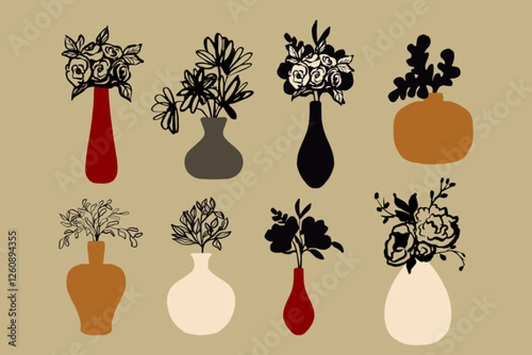 Fototapeta Vector set of stylized various vases. Hand-drawn elements of home decor. Flowers and plants in a modern abstract design.