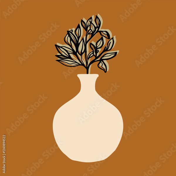 Fototapeta A linear graphic branch with leaves in a simple vase. Botanical illustration in retro style. Vector decor element isolated on a background.