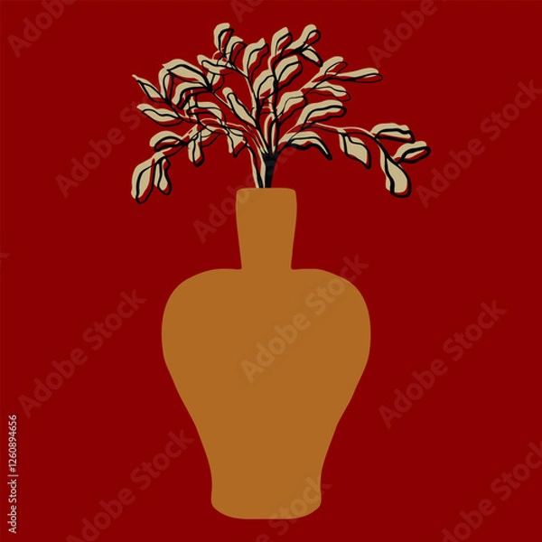 Fototapeta An abstract branch with leaves in a large vase. Vector illustration of stylish home decor. A flower pot with a plant.