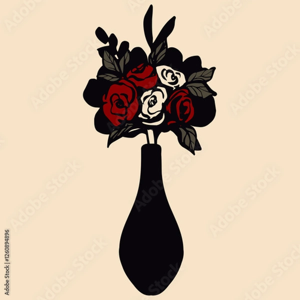 Fototapeta A bouquet of red and beige roses in a black vase isolated on a background. Vector illustration of the bouquet. A botanical decor element.