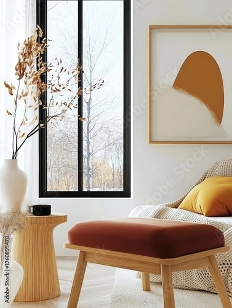 Fototapeta Modern Living Room, Featuring Minimalist Furniture and Elegant Decor, With Warm Color Palette and Inviting Atmosphere
