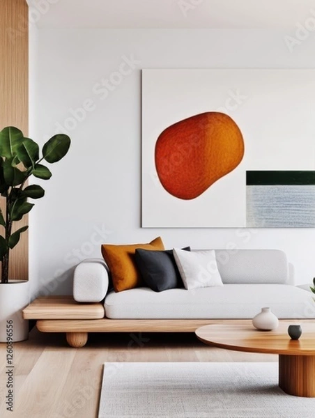 Fototapeta Modern Living Room, Featuring Minimalistic Sofa And Art Piece, With Indoor Plant Element, Representing Contemporary