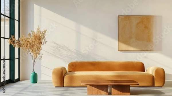 Fototapeta Modern Living Room, Inviting Cozy Setup With Chic Sofa, Decorative Coffee Table, Minimalist Aesthetic Design Context