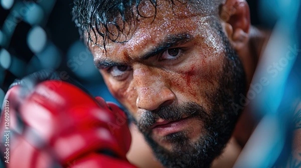 Fototapeta A determined fighter in a close-up shot, showcasing intense focus and grit, with sweat and bruising that highlights the dedication and energy of competitive combat sports and athleticism.