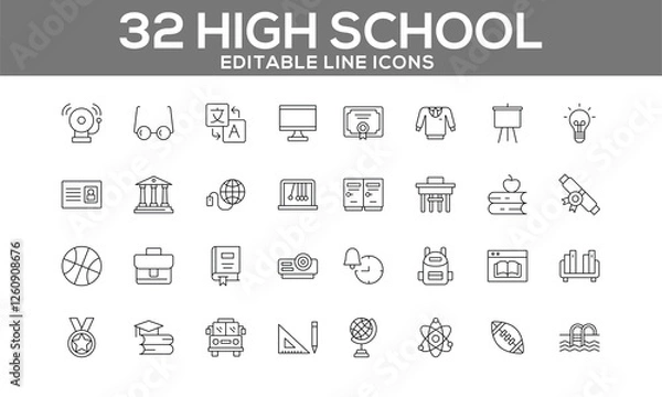 Obraz High School Line Icons Set | Editable Education and Student Life Icons for Web and App Design