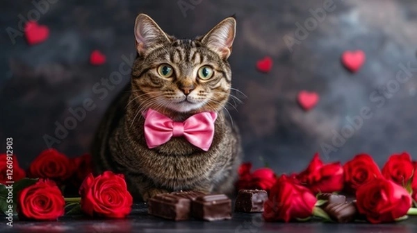 Fototapeta portrait of a sitting cat with red flowers and a bowtie