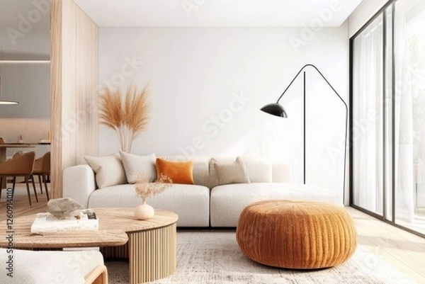 Fototapeta Modern Living Room Design, Featuring Cozy Sofa, Stylish Lamp and Textured Pouf, Emphasizing Comfort and Minimalist