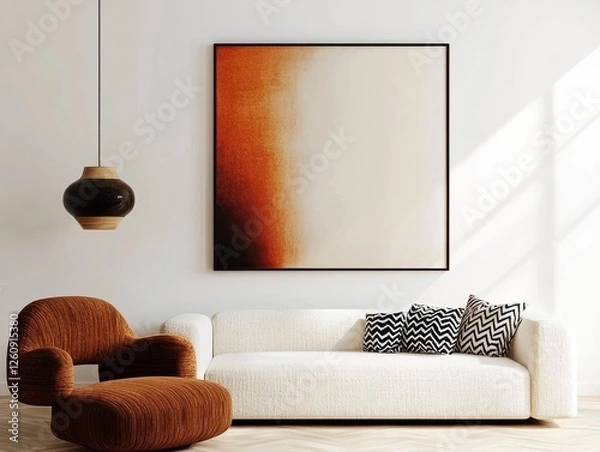 Fototapeta Modern Living Room Design, Styled Sofa And Armchair, Stunning Abstract Wall Art, Cozy And Inviting Interior Aesthetic