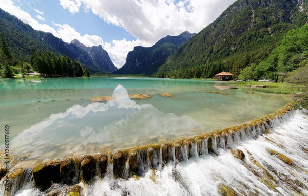 Fototapeta Summer scenery of Lake Dobbiaco (Toblacher See) under sunny sky with majestic mountains reflected in peaceful turquoise water & lovely cascades spilling out, in Dolomiti, Bolzano, South Tyrol, Italy