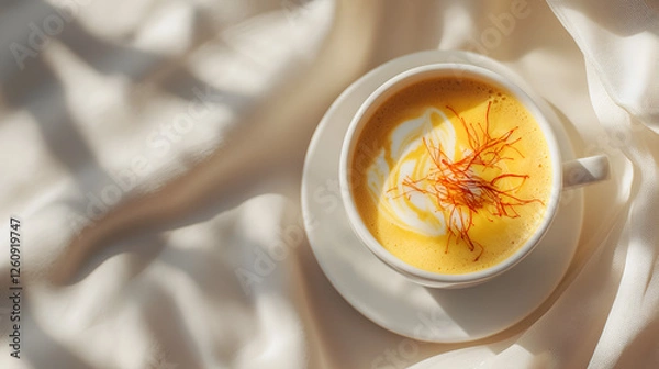 Fototapeta Golden latte artfully garnished with saffron threads, set against a soft, elegant fabric backdrop.