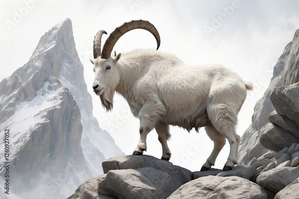 Fototapeta Majestic mountain goat standing on rocks against a snowy mountain range background.