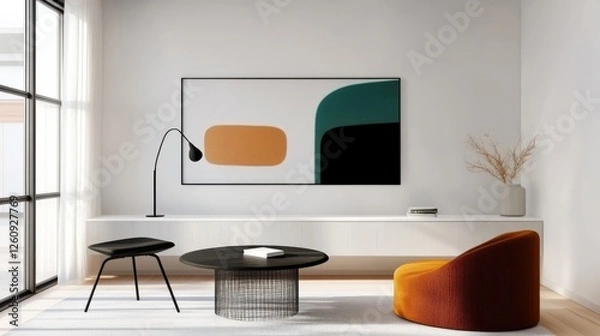 Fototapeta Modern Living Room Design Featuring Abstract Artwork, Stylish Furniture And Natural Light In A Cozy Setting